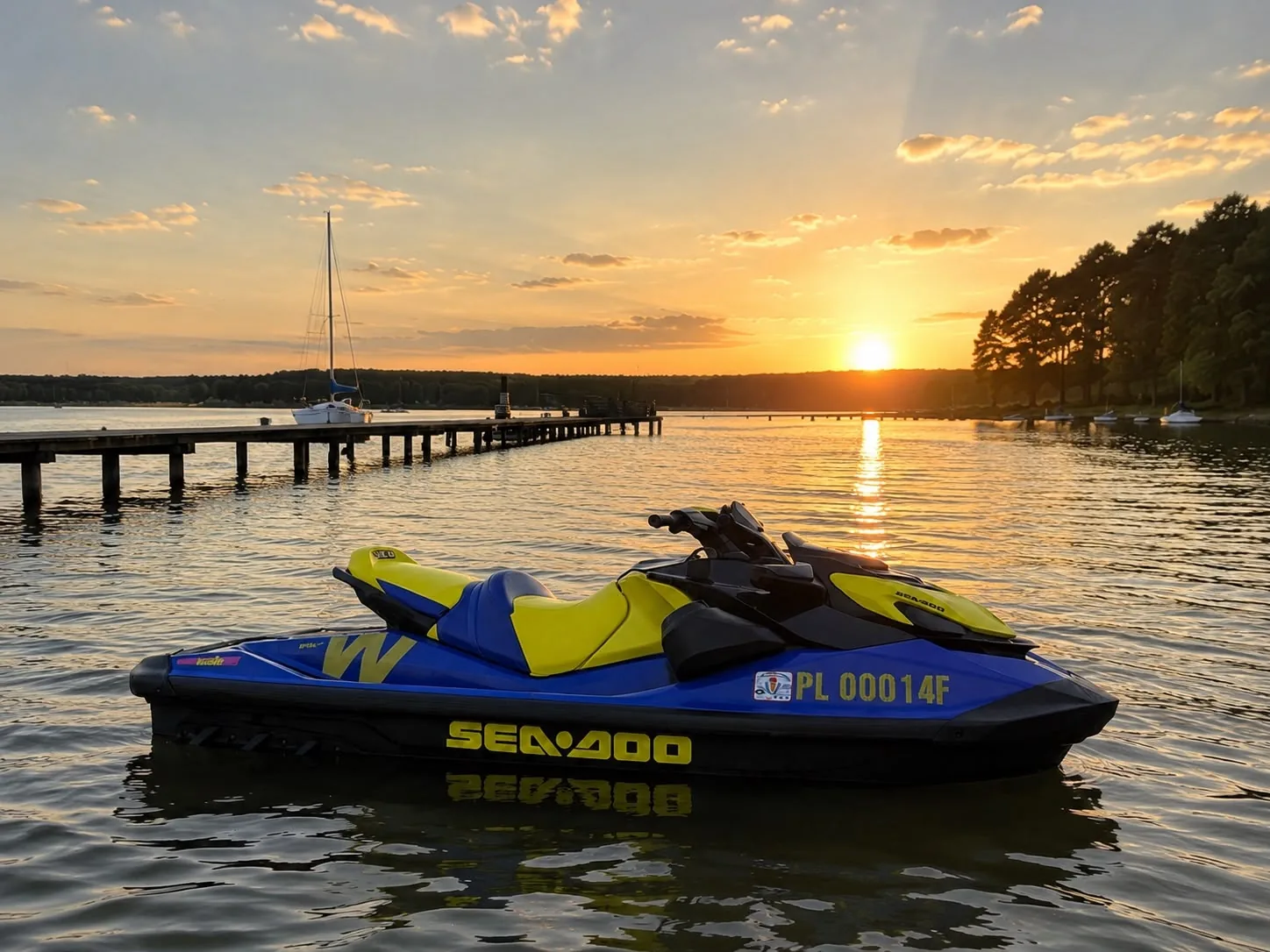 Niebiesko-żółty Sea-Doo WAKE 170KM na wodzie przy drewnianym pomoście o zachodzie słońca